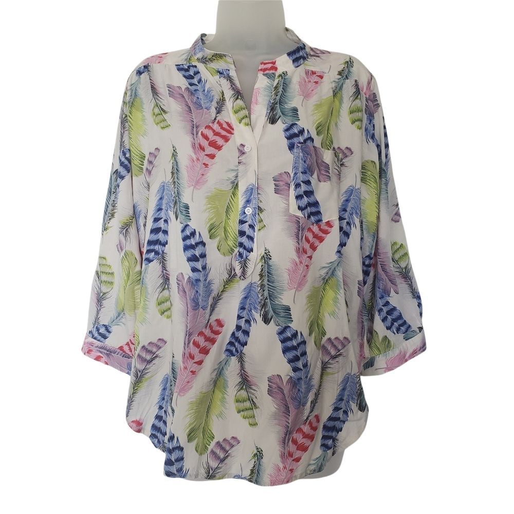Depri Feather Novelty Print Blouse Size L Multi-colored Mandarin Neck 3/4 Sleeve
